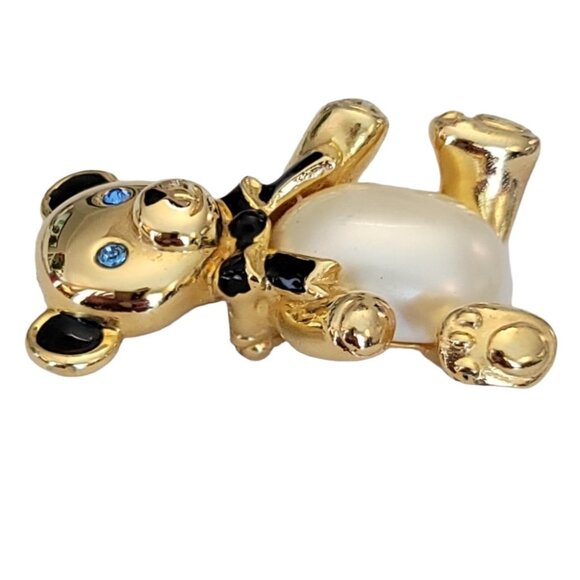 Carolee Gold-Tone Blue Rhinestone, Faux Pearl Belly Bear Brooch Pin, Signed M780 - Picture 3 of 9